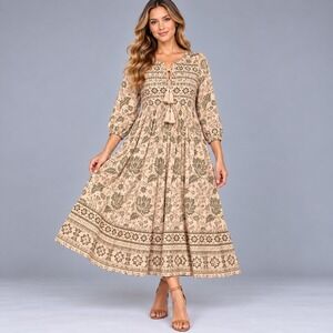 R.Vivimos Midi Dress Women Large Beige Green Floral Boho Tassel Long Sleeve